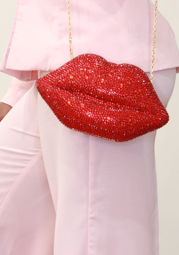 Red Studded Crystal Lips Purse